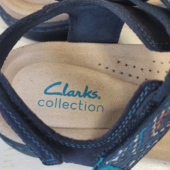 Clarks Flats Sandal Shoes Amanda Sprint Blue Suede Comfort Sporty Strap - Picture 13 of 14